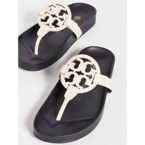 NIB Tory Burch Miller Cloud Leather Thong Sandal Cream Navy US 8 9 9.5 AUTHENTIC